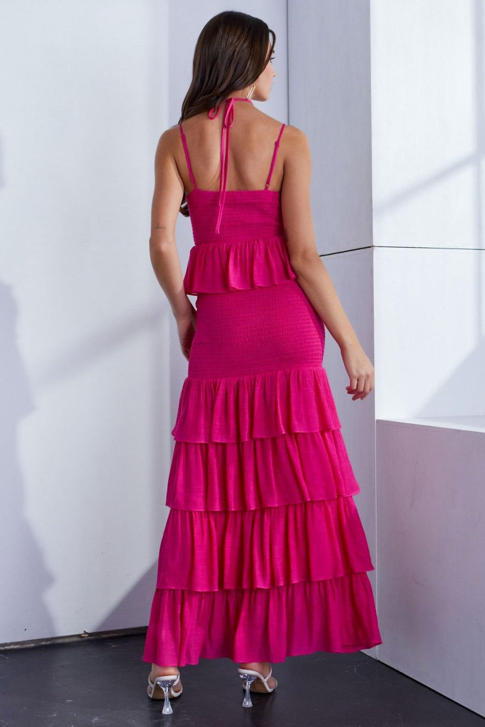 Hot Pink Ruffled Layered Hem Dress