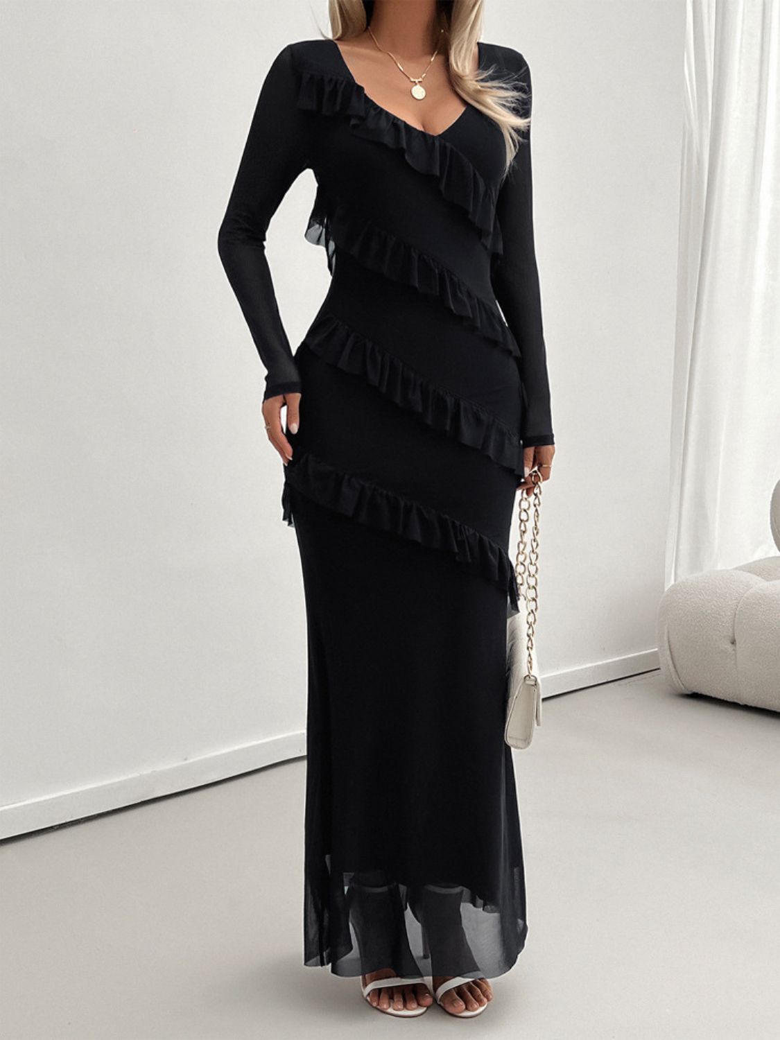 Delightful Ruffled Surplice Long Sleeve Maxi Dress