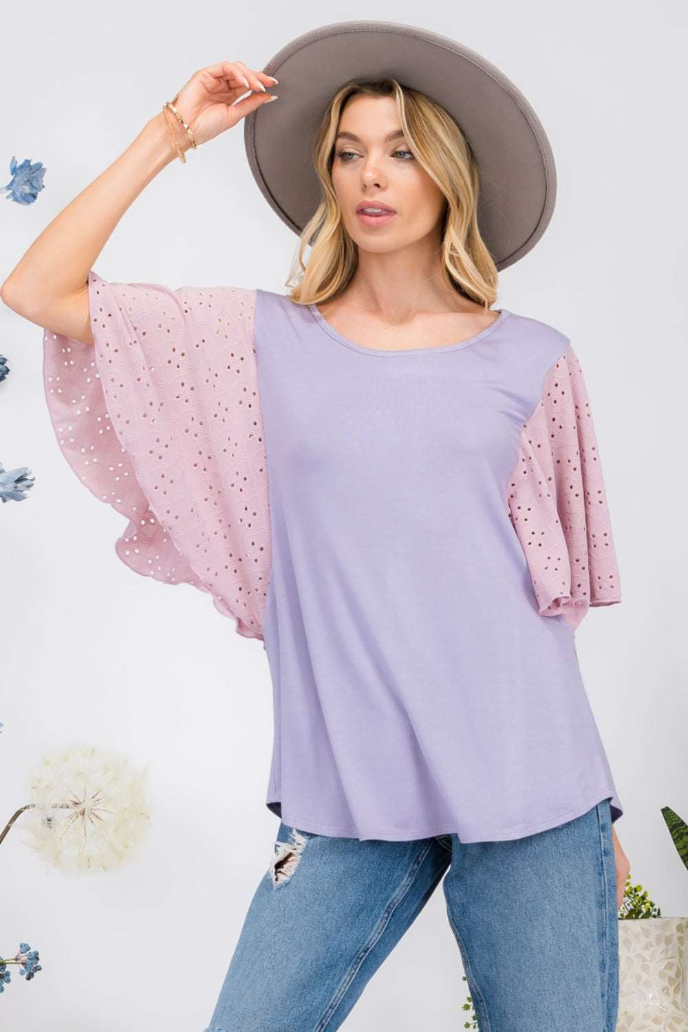 Regular & Plus Size Contrast Eyelet Ruffle Sleeve Blouse