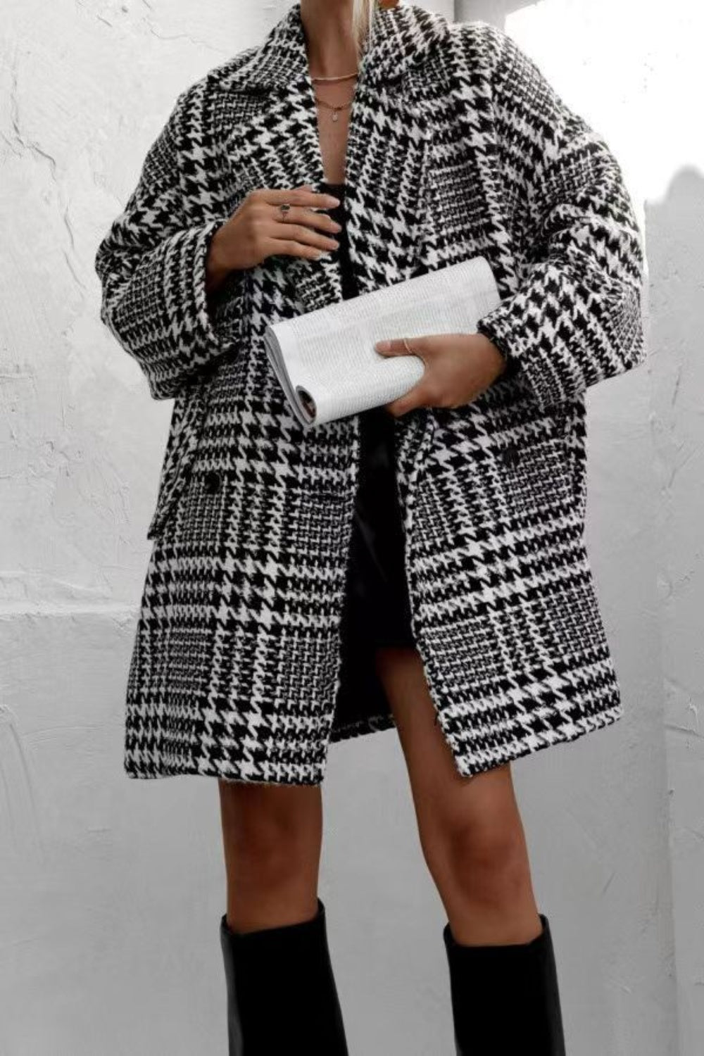 Regular & Plus Size Houndstooth Collared Long Sleeve Coat