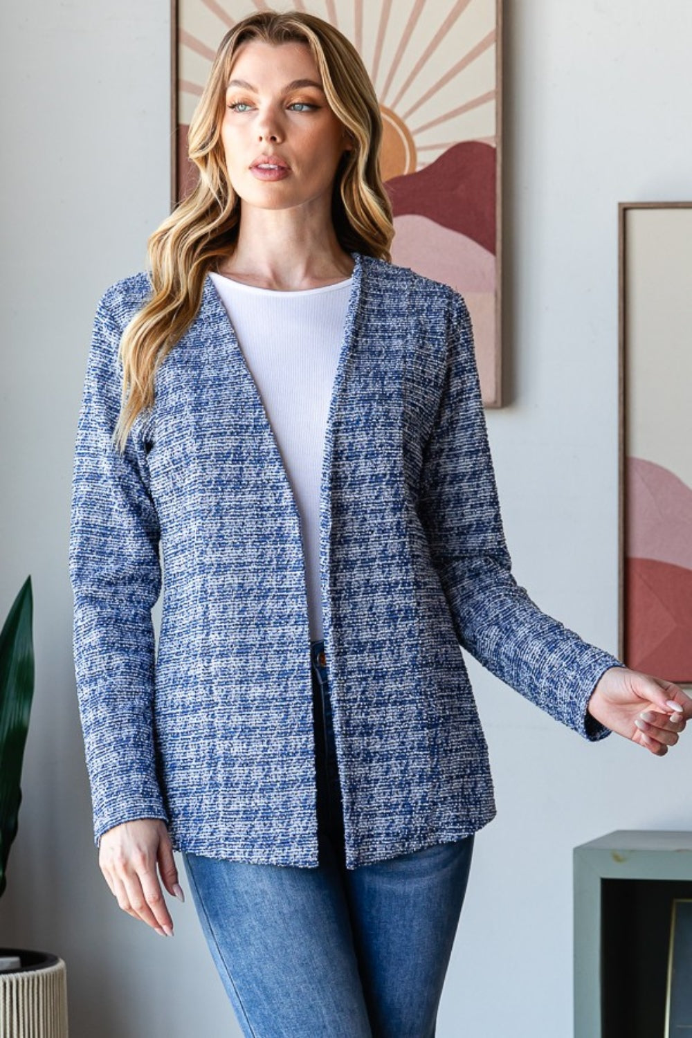 Regular & Plus Size Houndstooth Tweed Open Front Blazer