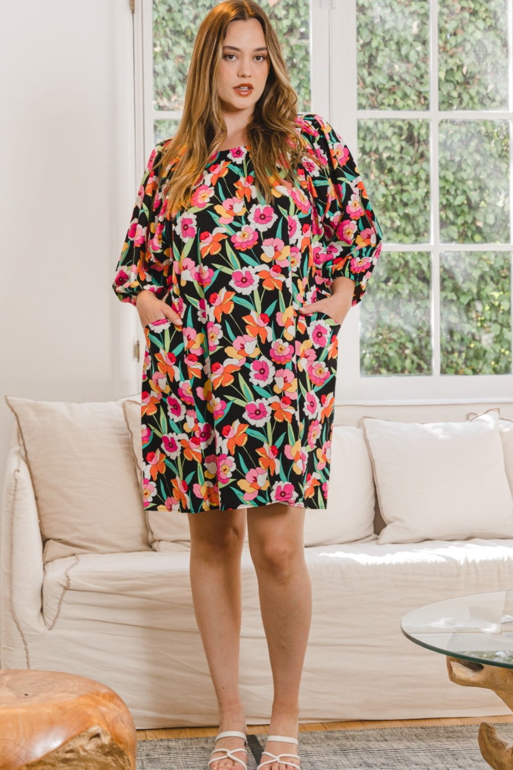 Regular & Plus Size Floral Puff Sleeve Mini Dress