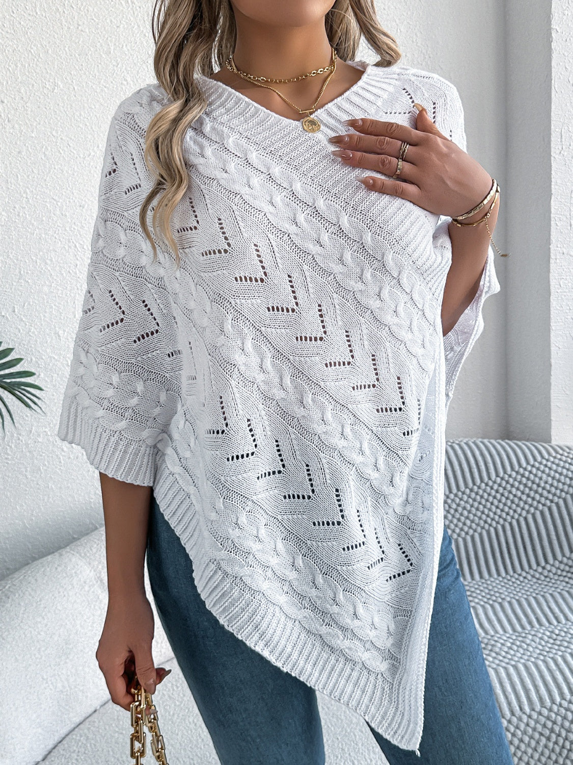 Cable-Knit Openwork Three-Quarter Sleeve Sweater