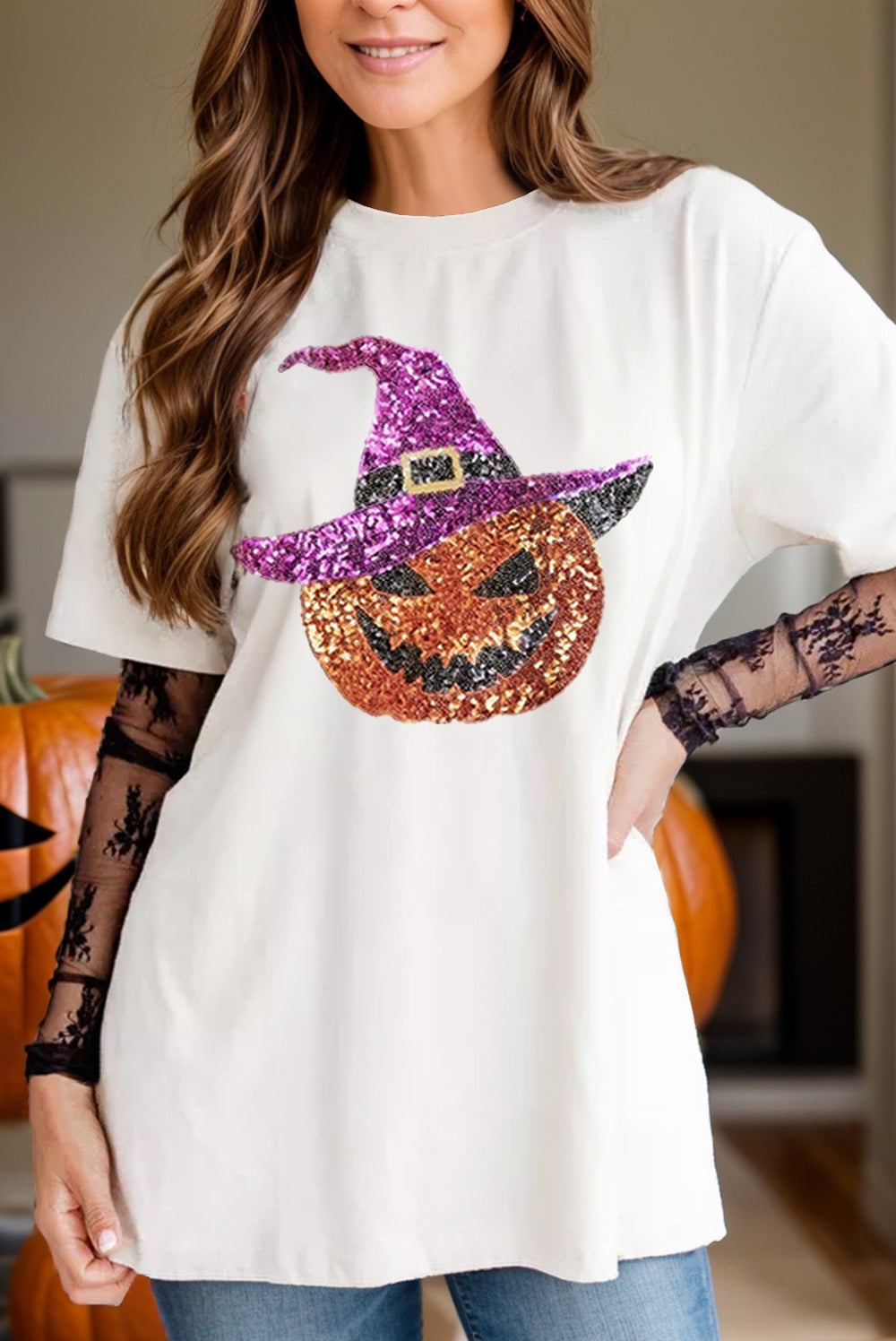 Sequin Spooky Pumpkin Short Sleeve T-Shirt