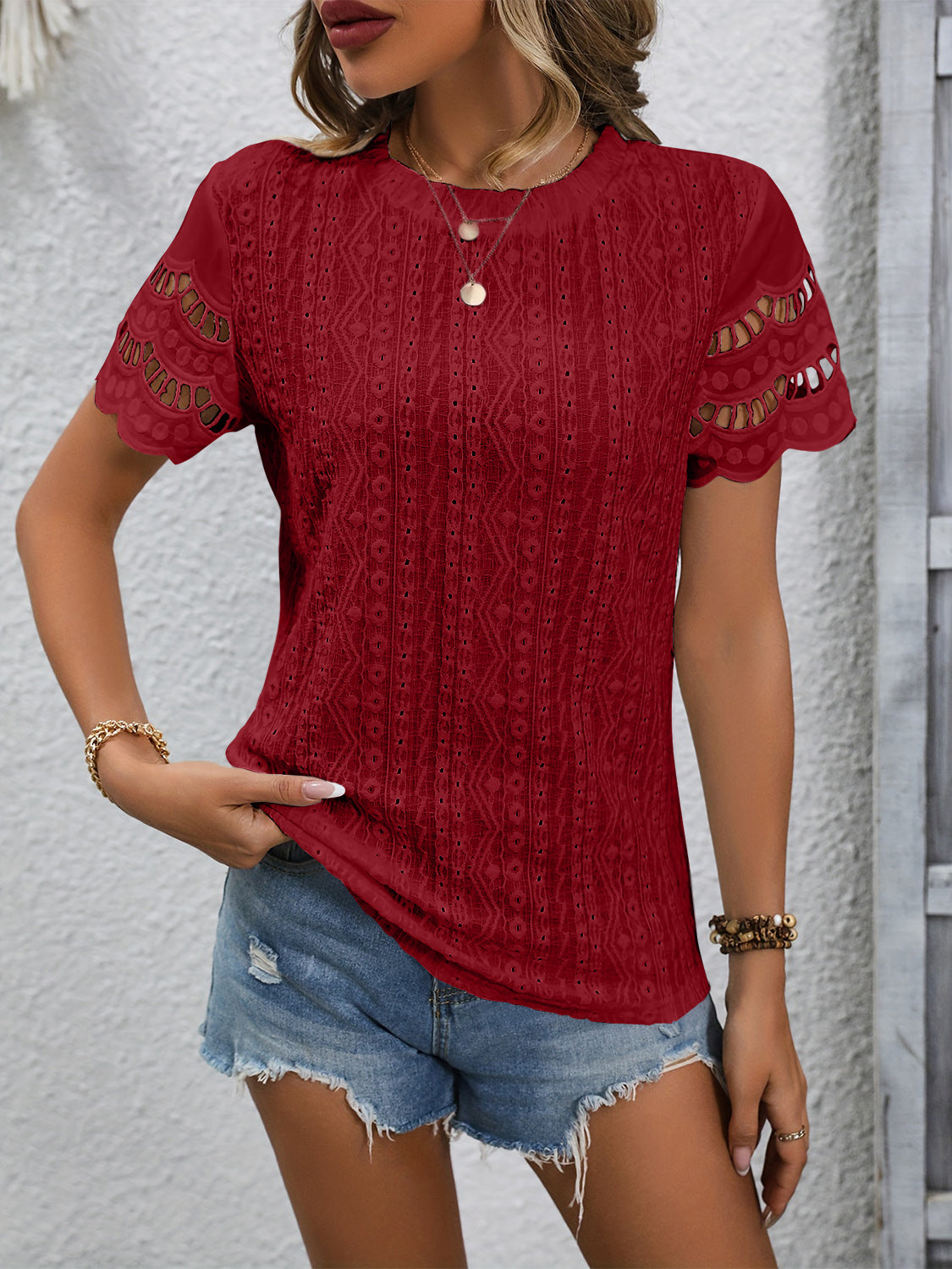 Regular & Plus Size Eyelet Short Sleeve Top