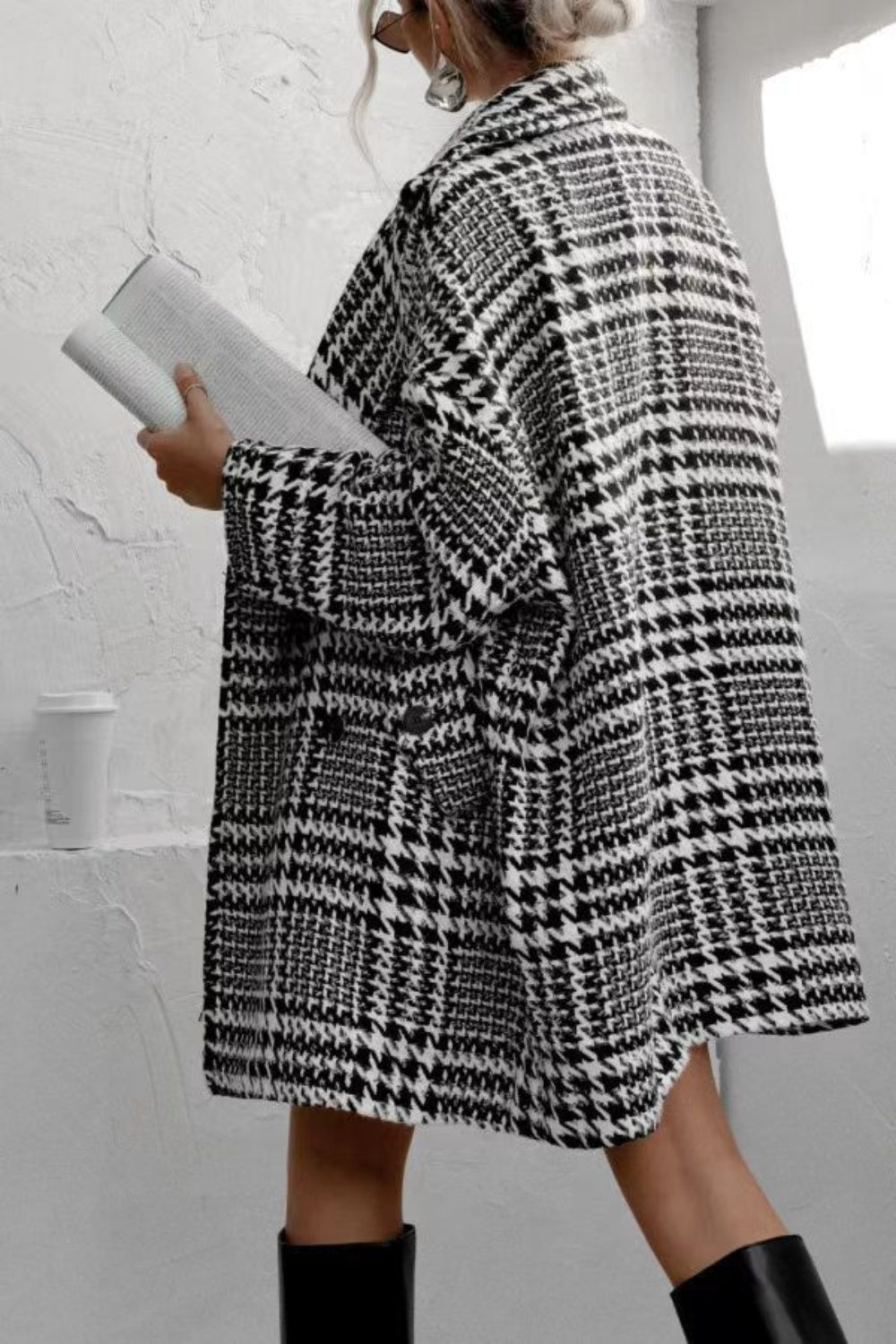 Regular & Plus Size Houndstooth Collared Long Sleeve Coat