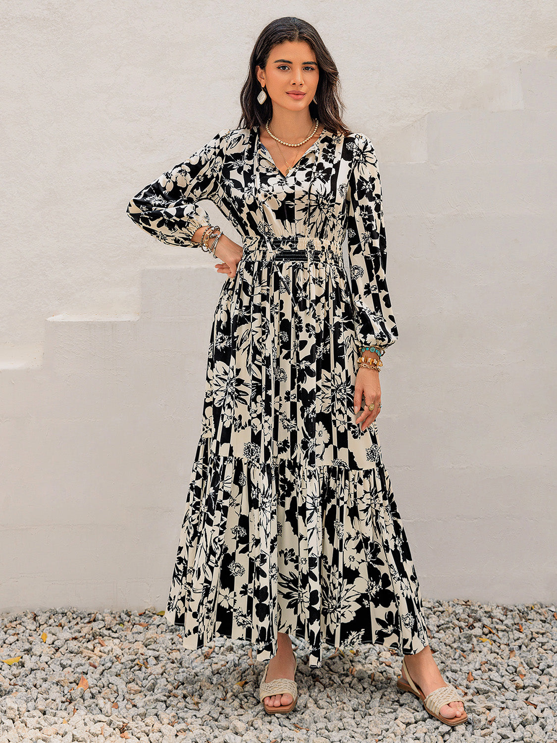 Regular & Plus Size Smocked Printed Tie Neck Long Sleeve Dress