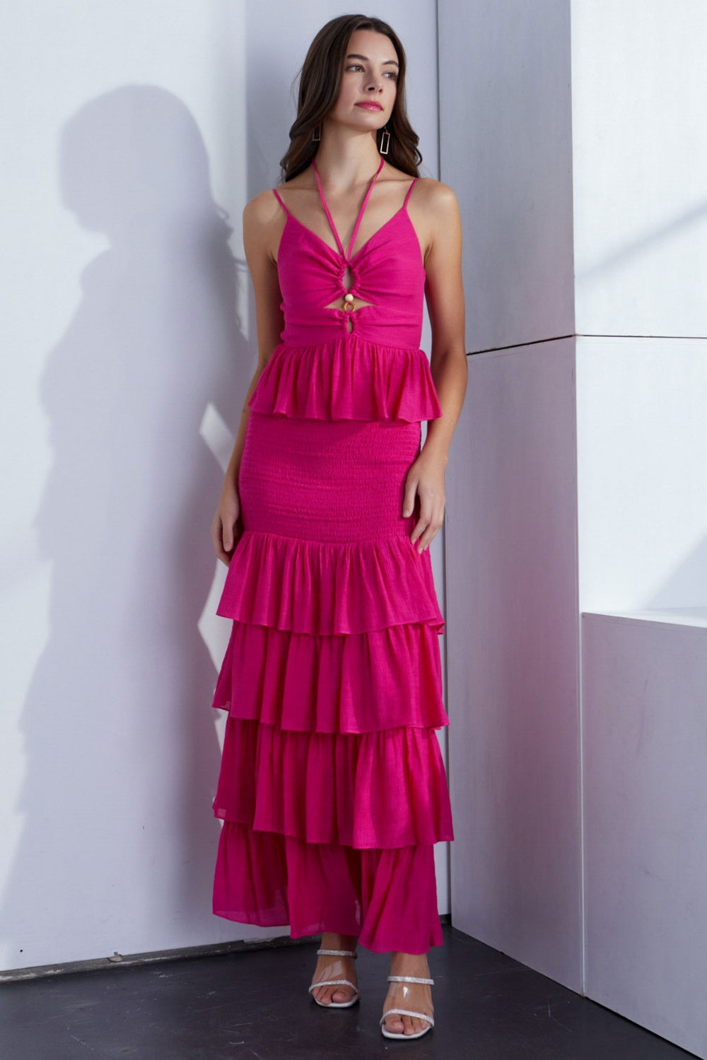 Hot Pink Ruffled Layered Hem Dress