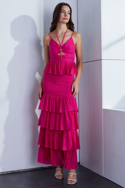 Hot Pink Ruffled Layered Hem Dress