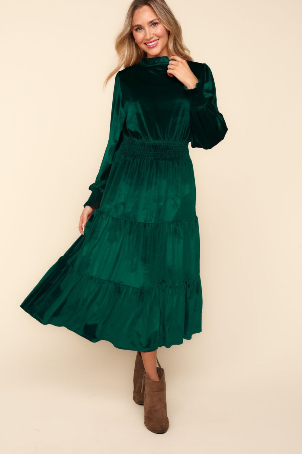 Emerald Velvet Tiered Dress