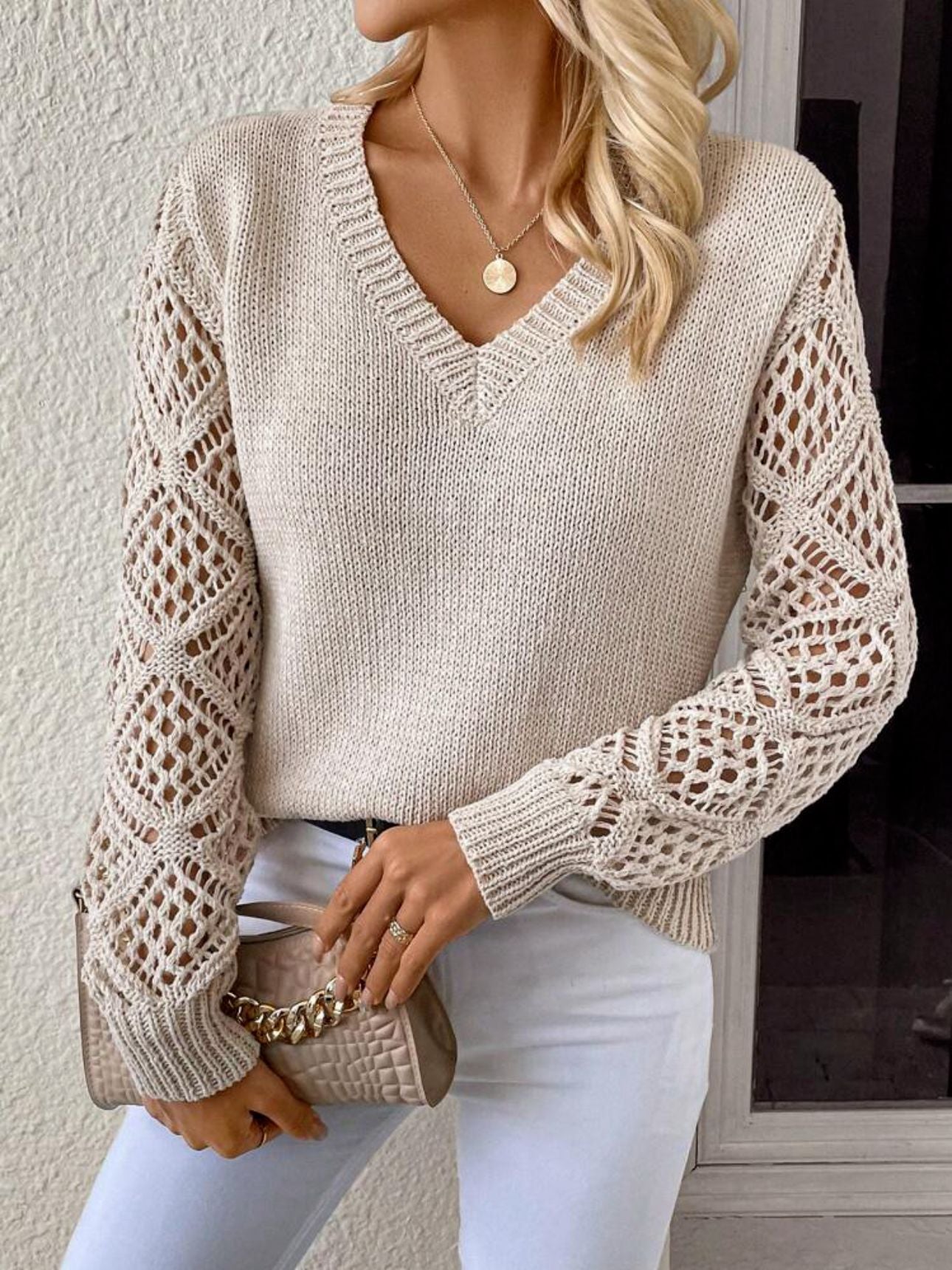 V-Neck Long Sleeve Sweater with Openwork Detail