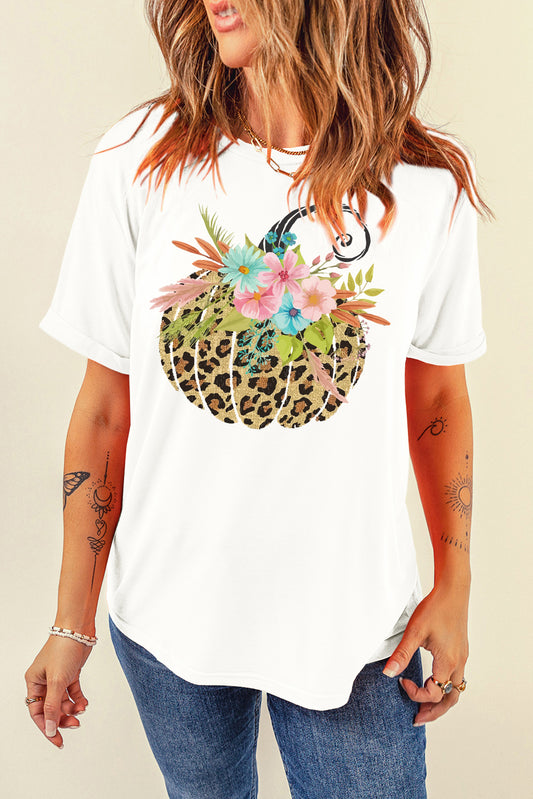 Animal Print Pumpkin Graphic Round Neck T-Shirt