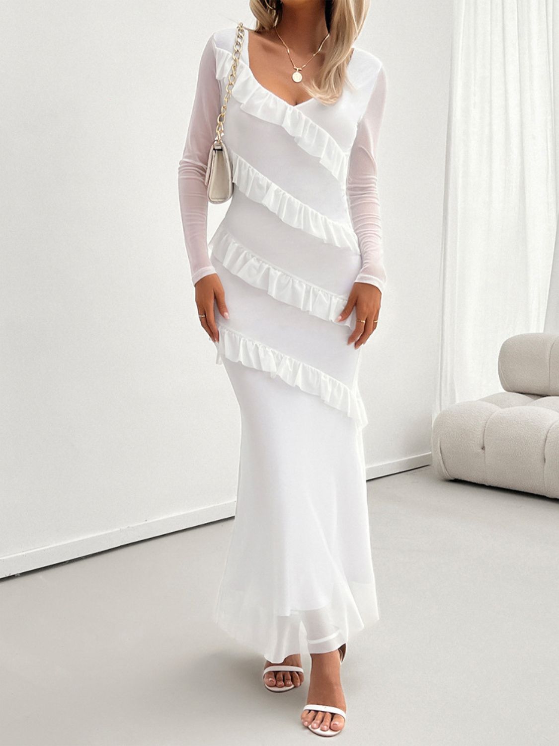 Delightful Ruffled Surplice Long Sleeve Maxi Dress