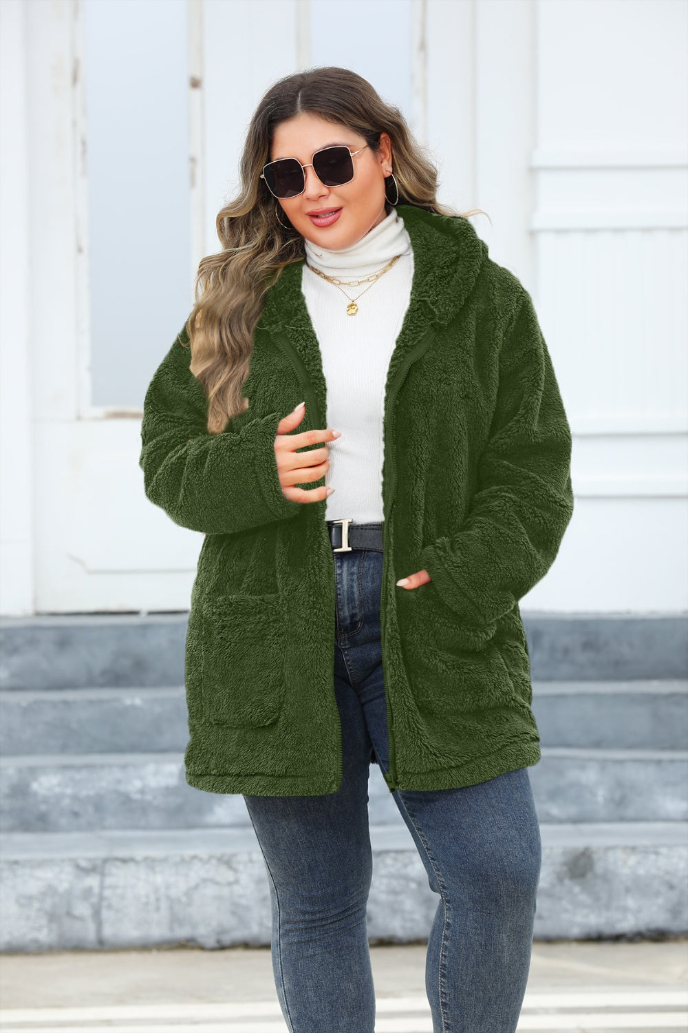 Plus Size Zip Up Long Sleeve Hooded Outerwear