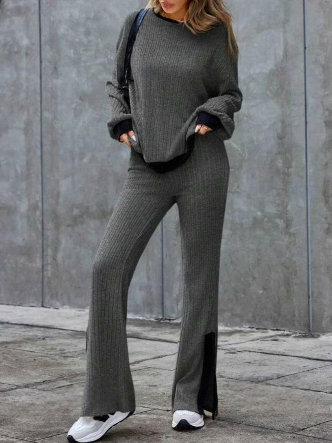 Contrast Long Sleeve Top & Bootcut Pants Set