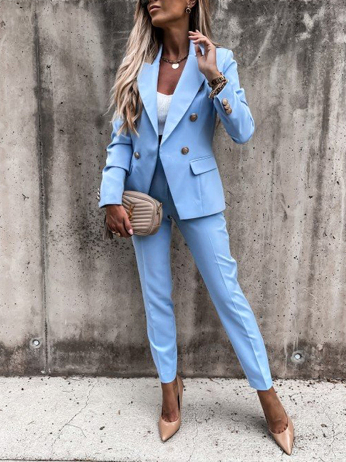 Regular & Plus Size Lapel Collar Long Sleeve Blazer & Pants Set