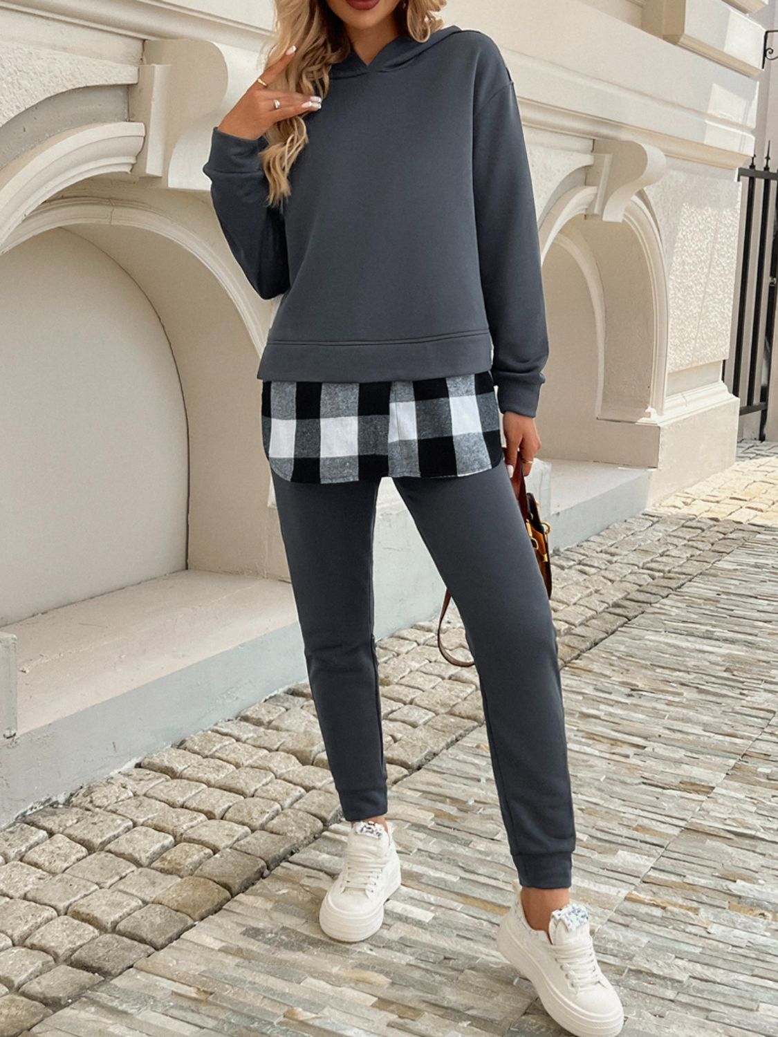 Plaid Long Sleeve Hooded Top & Pants Set