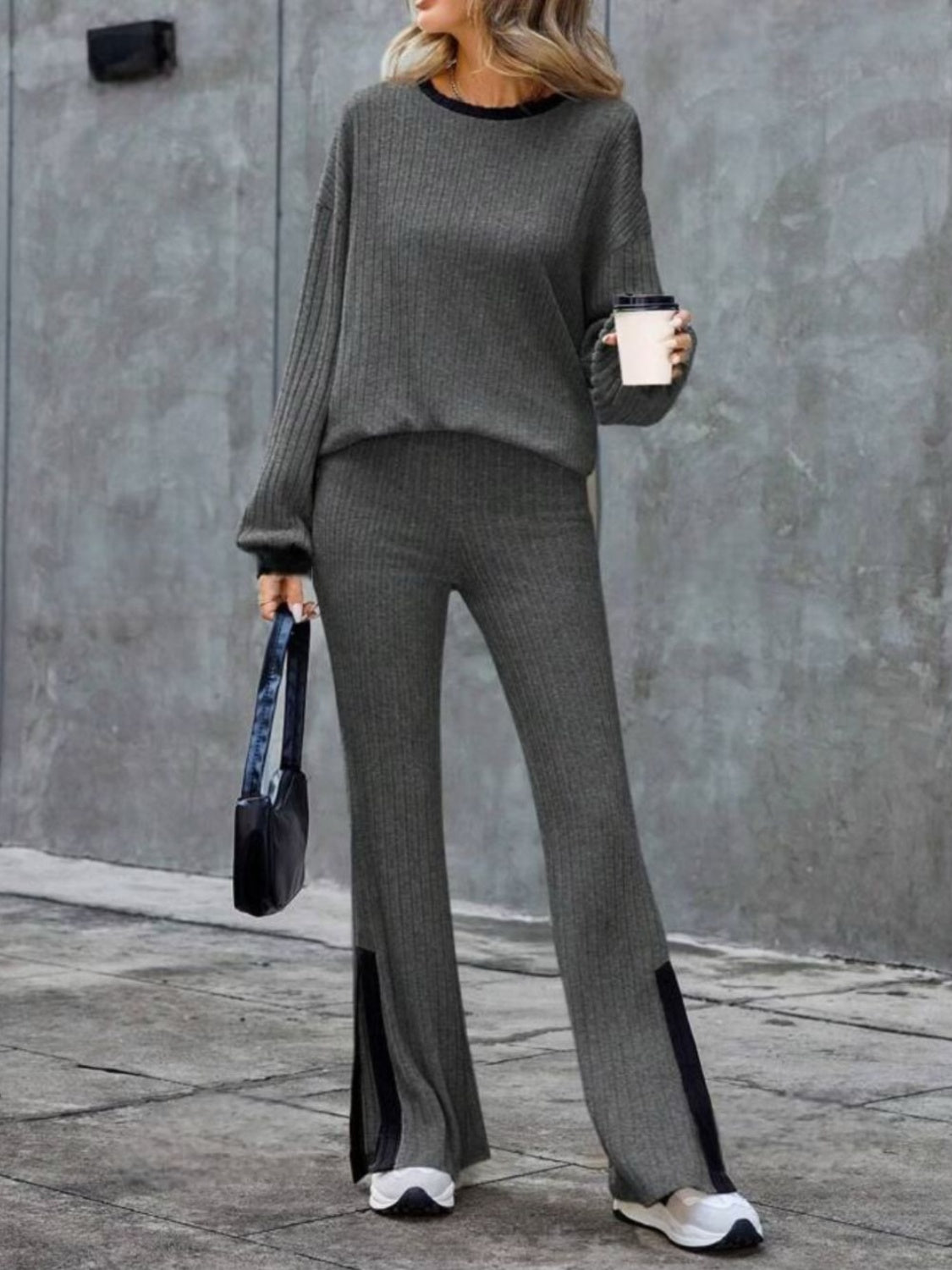 Contrast Long Sleeve Top & Bootcut Pants Set