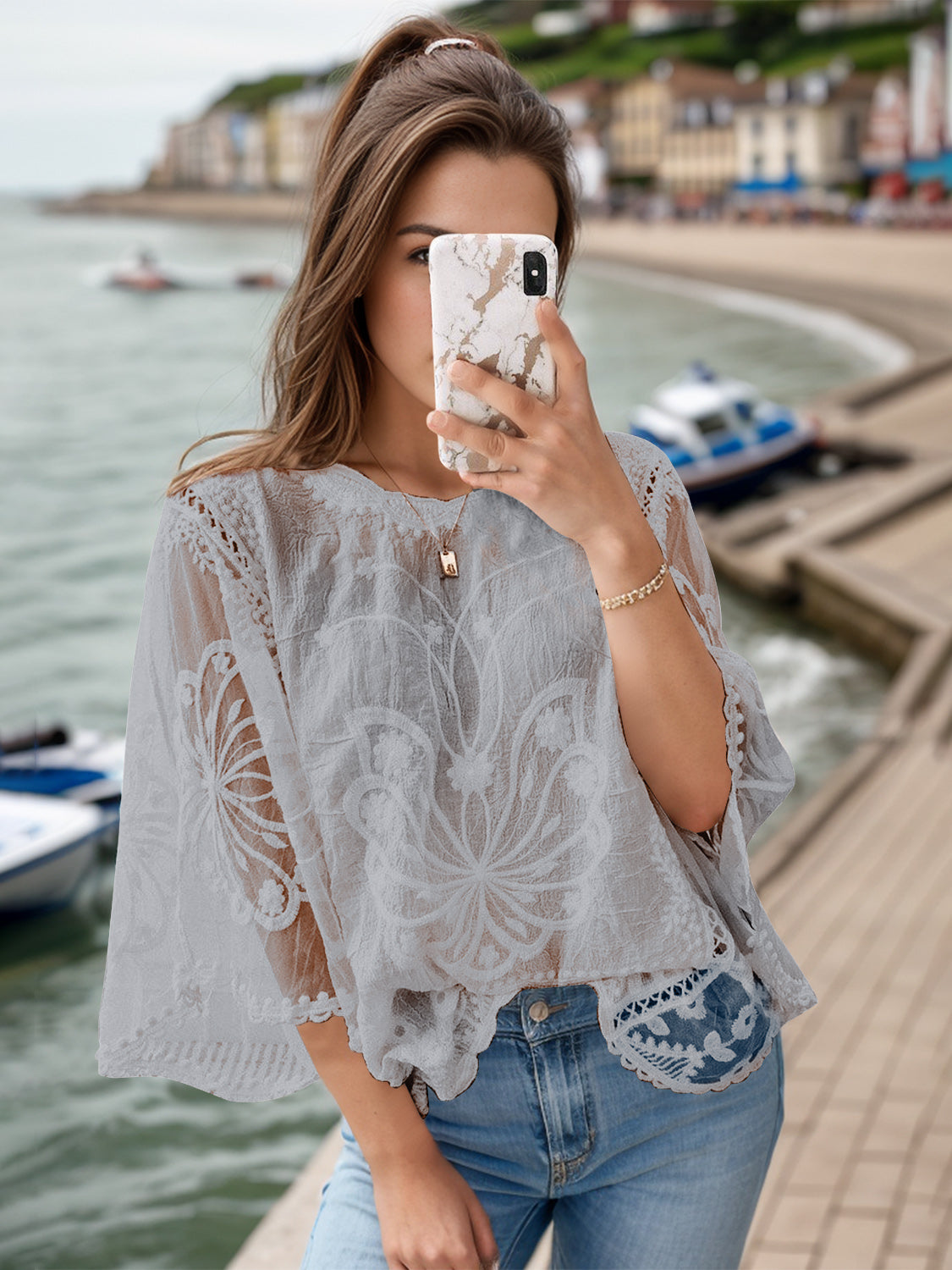 Regular & Plus Size Lace Detail Blouse