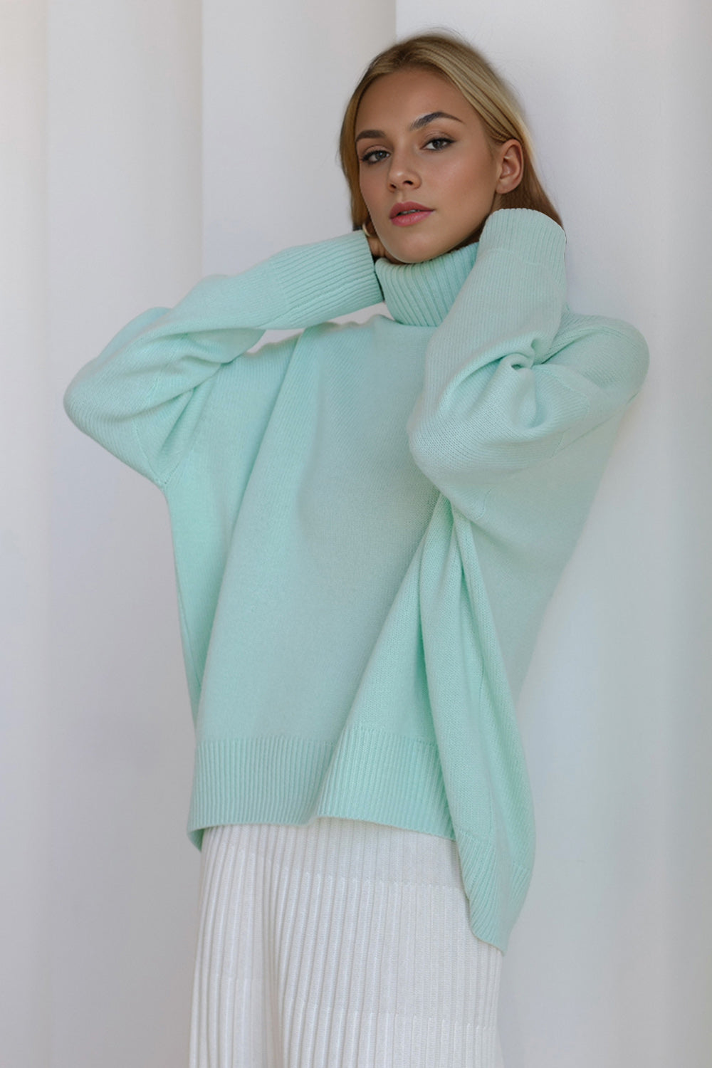 One Size Turtleneck Dropped Shoulder Long Sleeve Sweater