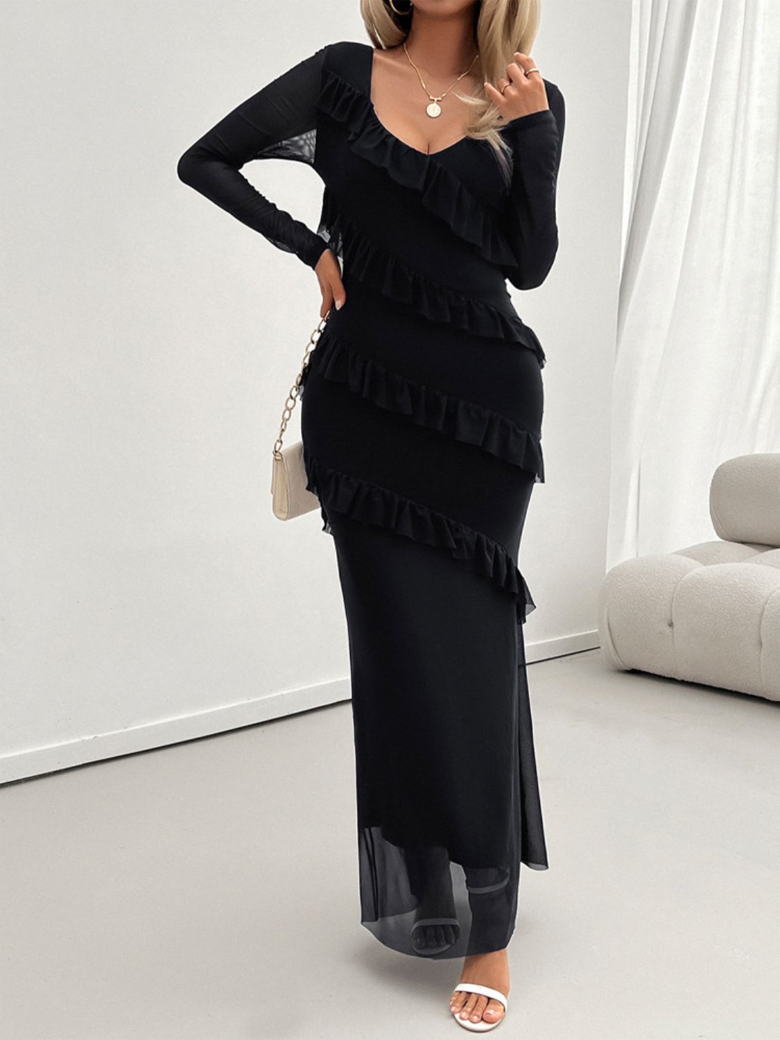 Delightful Ruffled Surplice Long Sleeve Maxi Dress