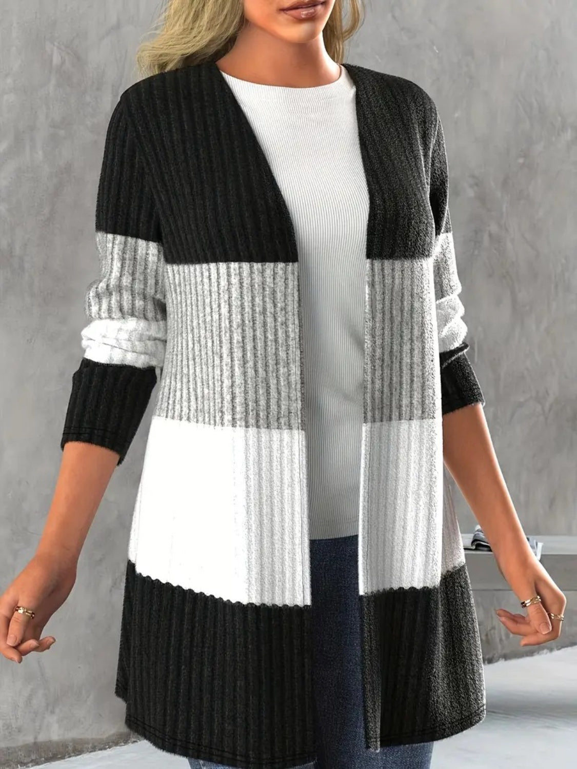 Regular & Plus Size Color Block Open Front Cardigan