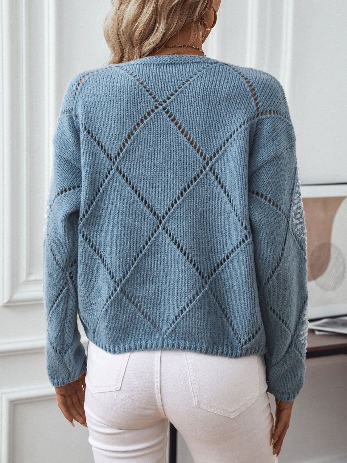 Openwork Round Neck Long Sleeve Knit Sweater