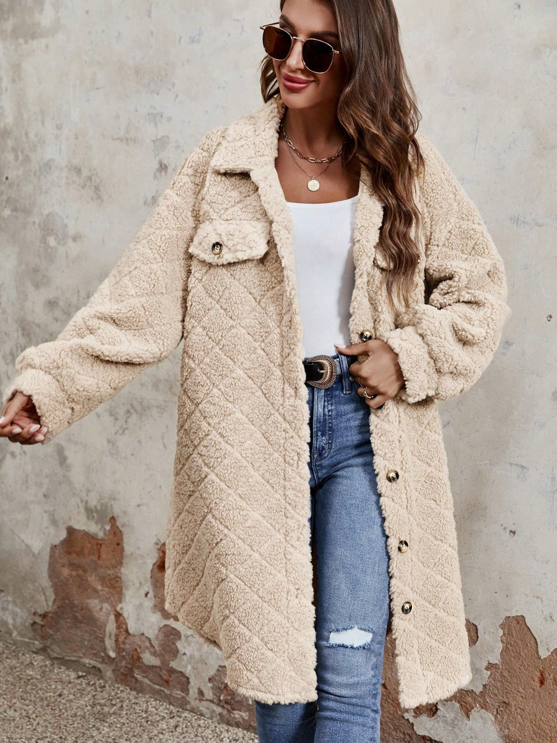 Regular & Plus Size Fuzzy Button Up Dropped Shoulder Coat