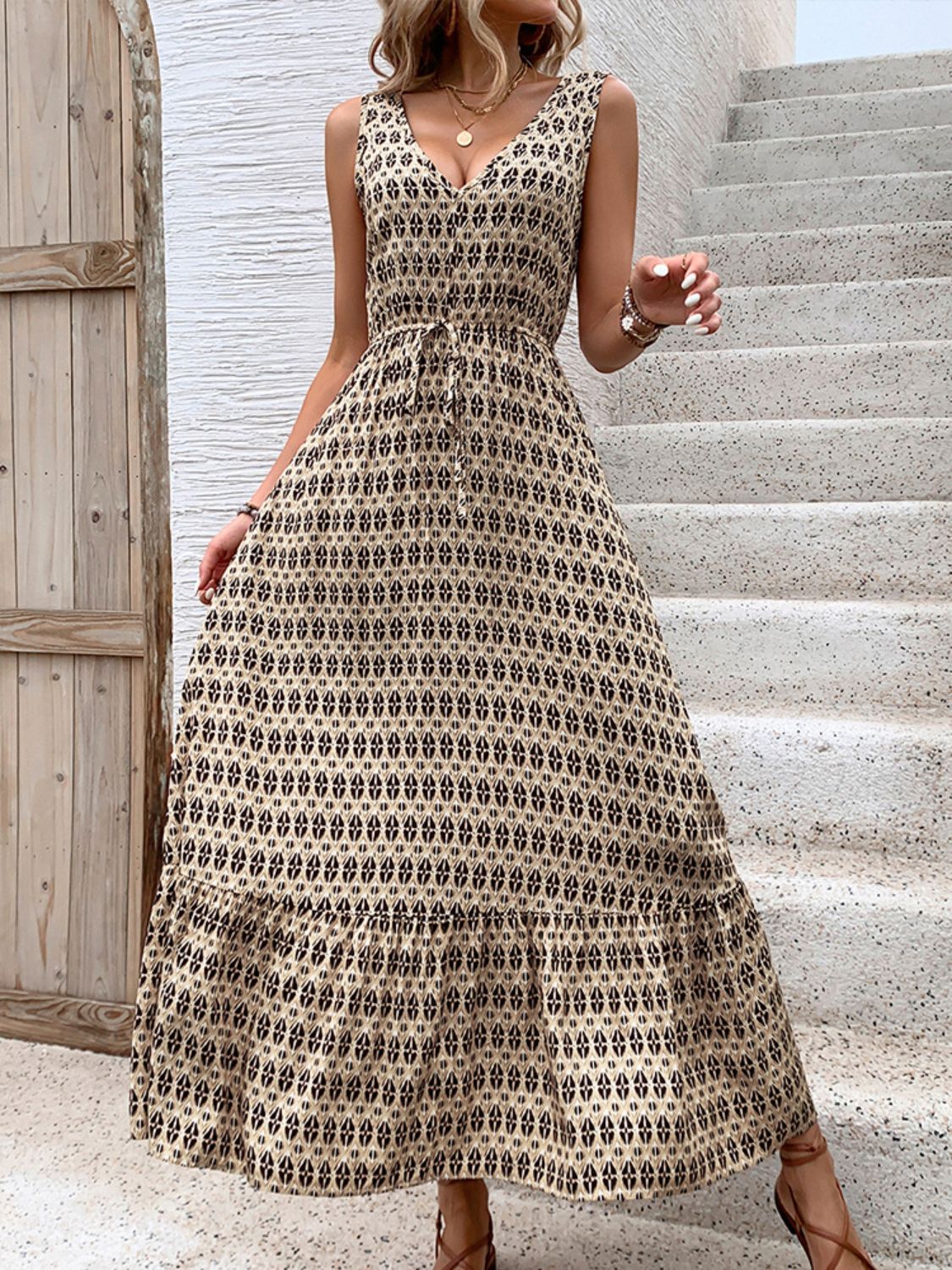 Printed Tie Waist Midi Dress