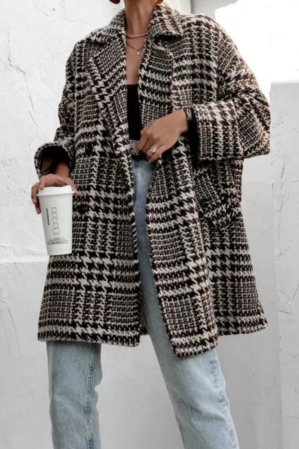 Regular & Plus Size Houndstooth Collared Long Sleeve Coat