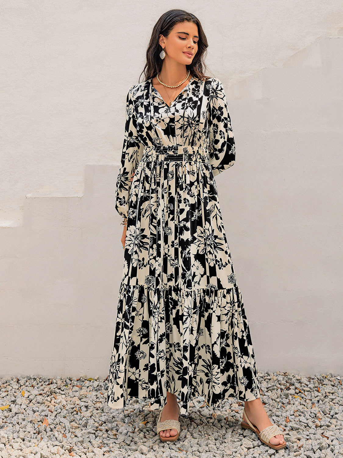 Regular & Plus Size Smocked Printed Tie Neck Long Sleeve Dress