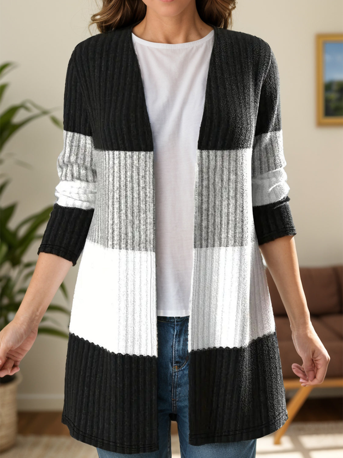 Regular & Plus Size Color Block Open Front Cardigan