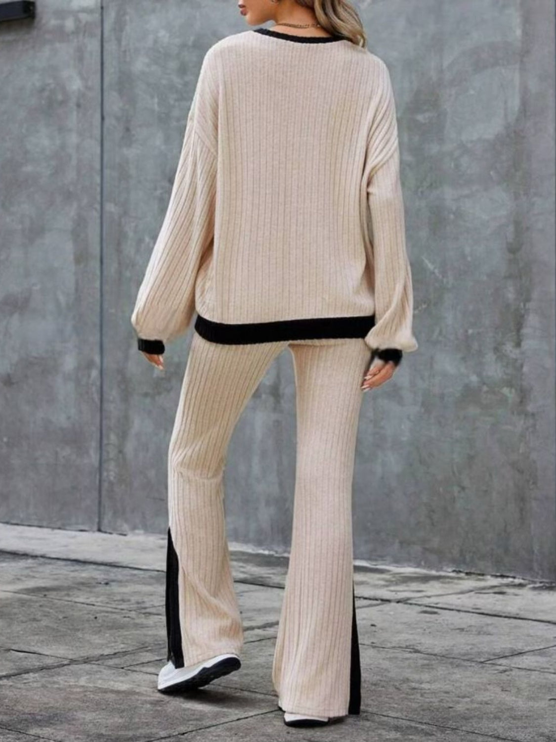 Contrast Long Sleeve Top & Bootcut Pants Set