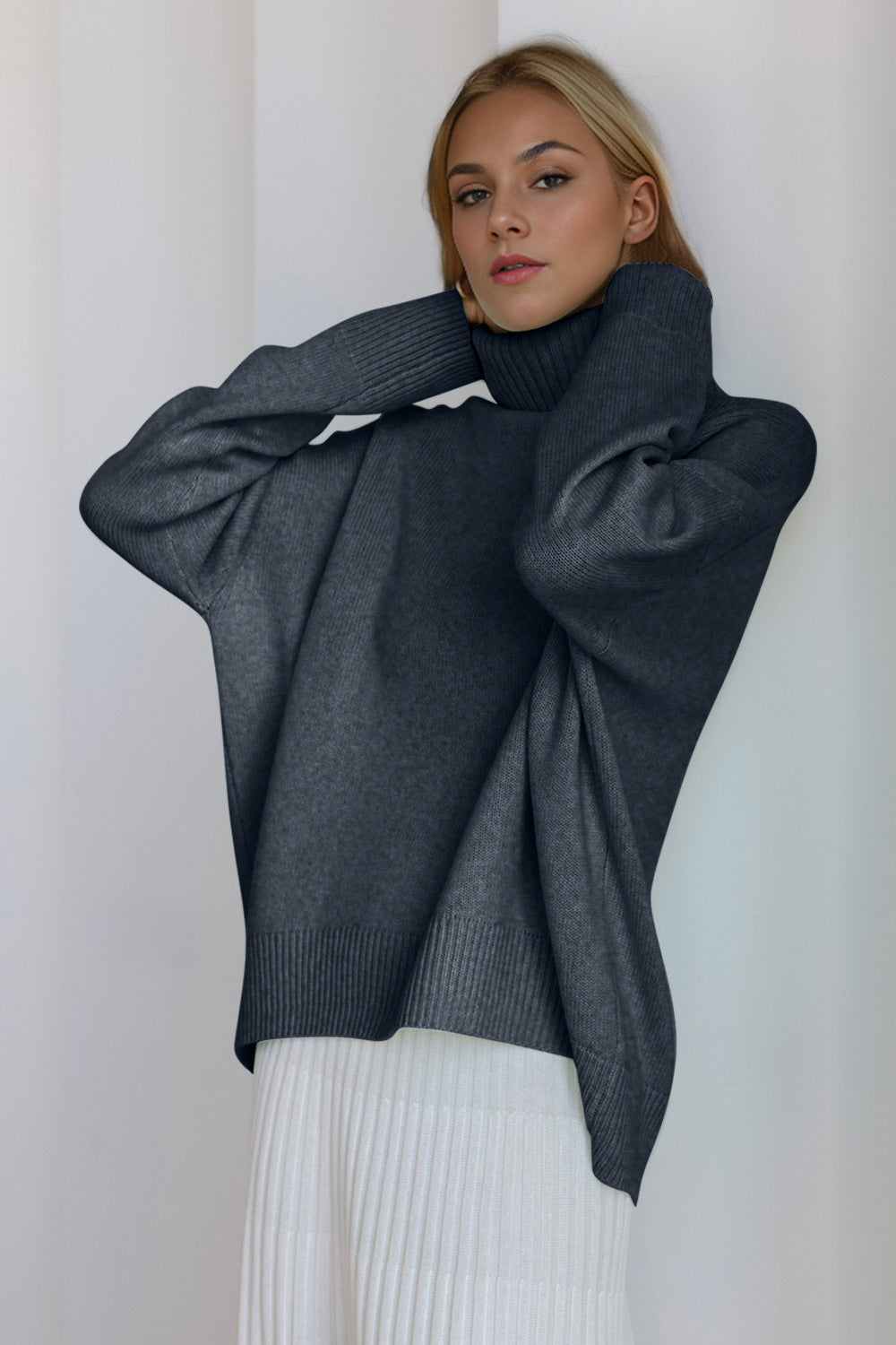 One Size Turtleneck Dropped Shoulder Long Sleeve Sweater