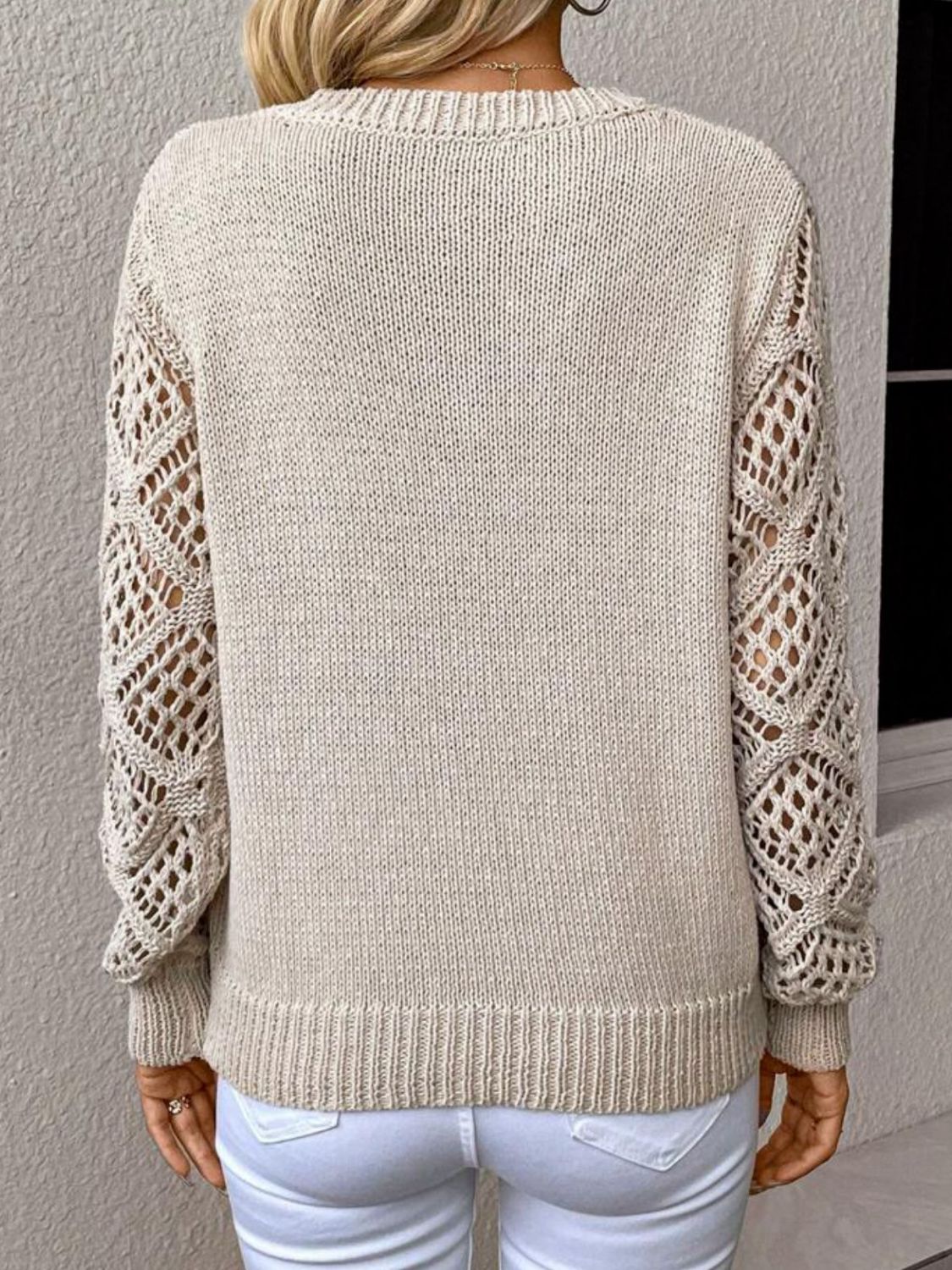 V-Neck Long Sleeve Sweater with Openwork Detail