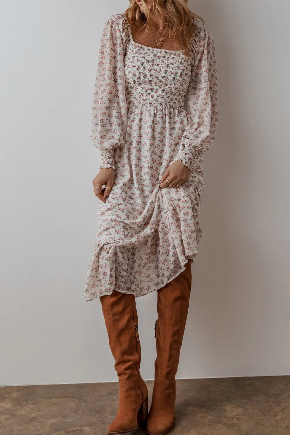 Autumn Vibes Floral Square Neck Long Sleeve Midi Dress