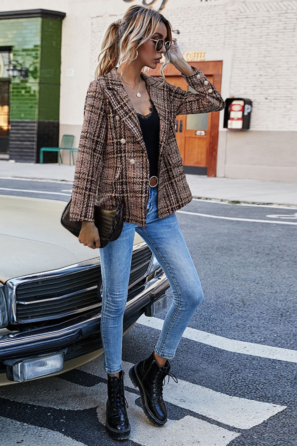 Regular & Plus Size Plaid Buttoned Blazer