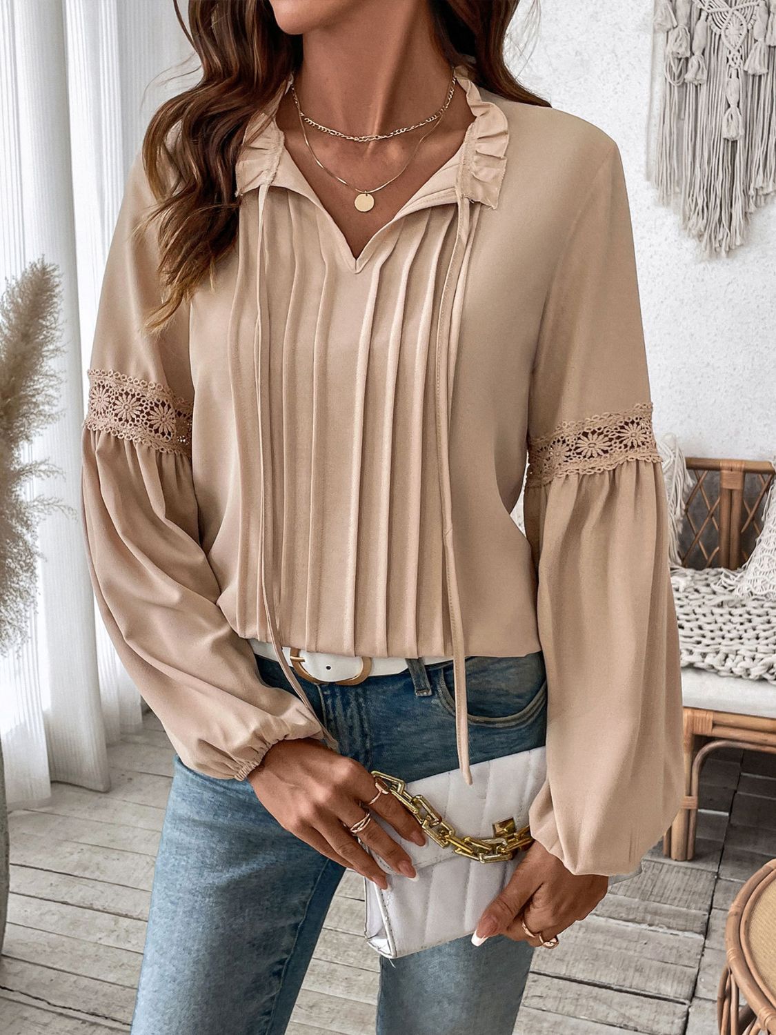 Frill Tie Neck Long Sleeve Blouse