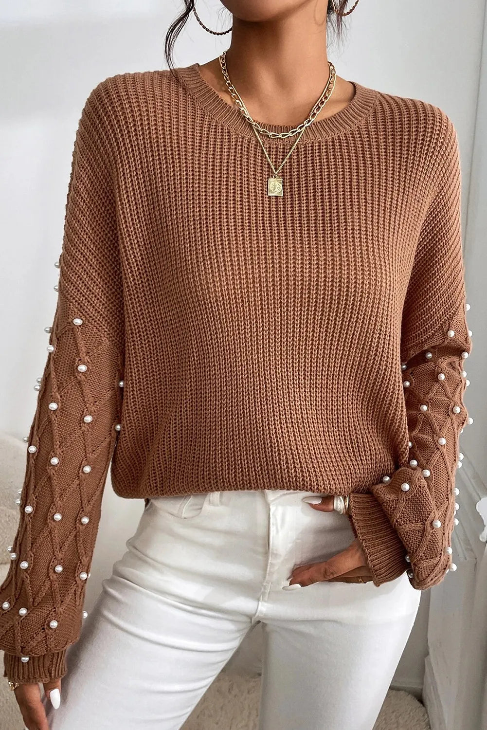 Pearl Detail Round Neck Sweater