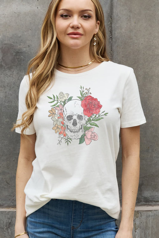 Regular & Plus Size Floral Skull Graphic Cotton Tee