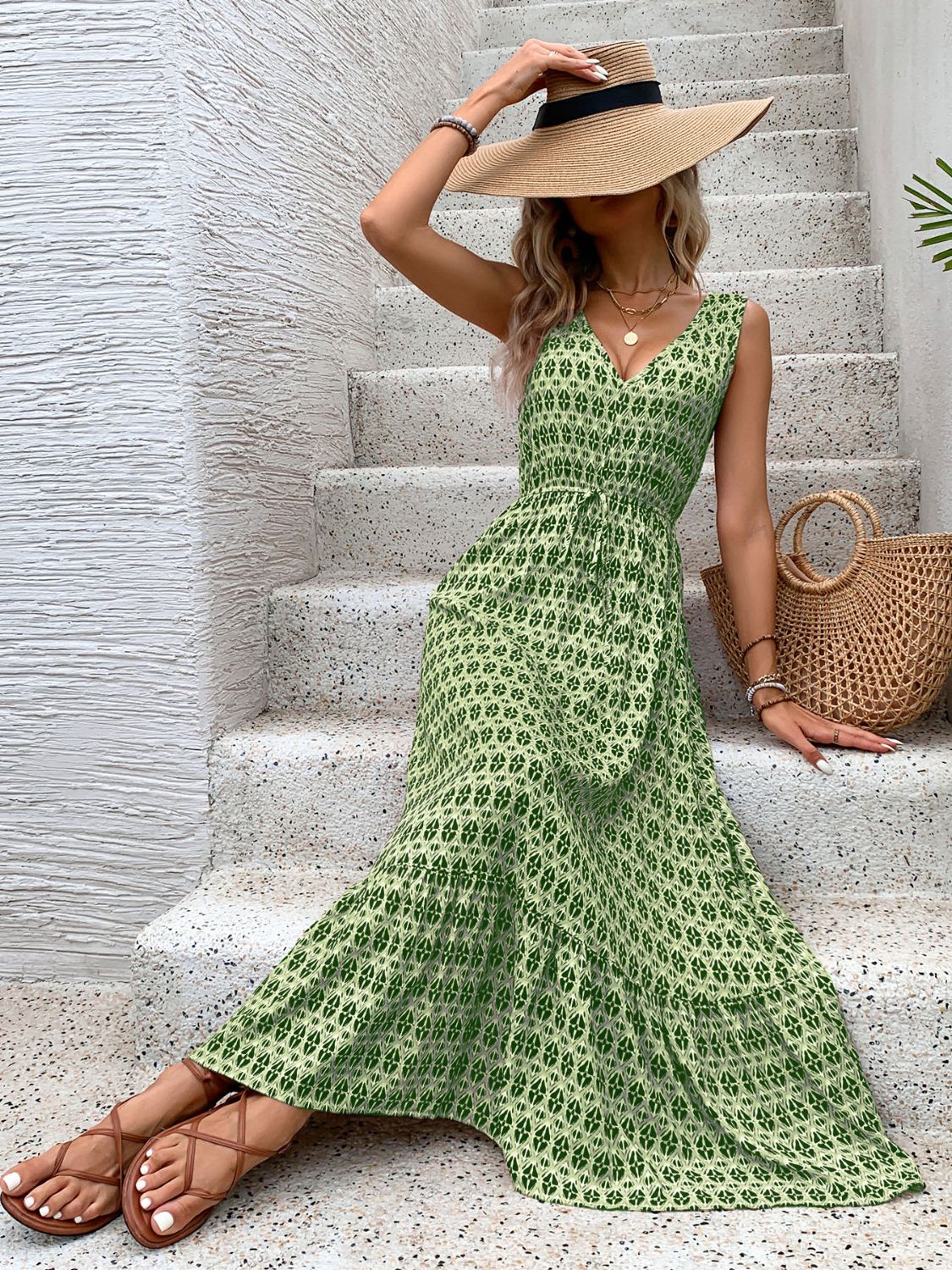 Printed Tie Waist Midi Dress