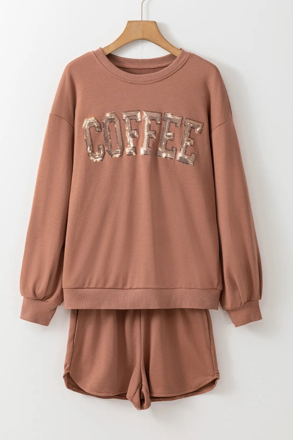 COFFEE Sequin Round Neck Long Sleeve Top & Shorts Set