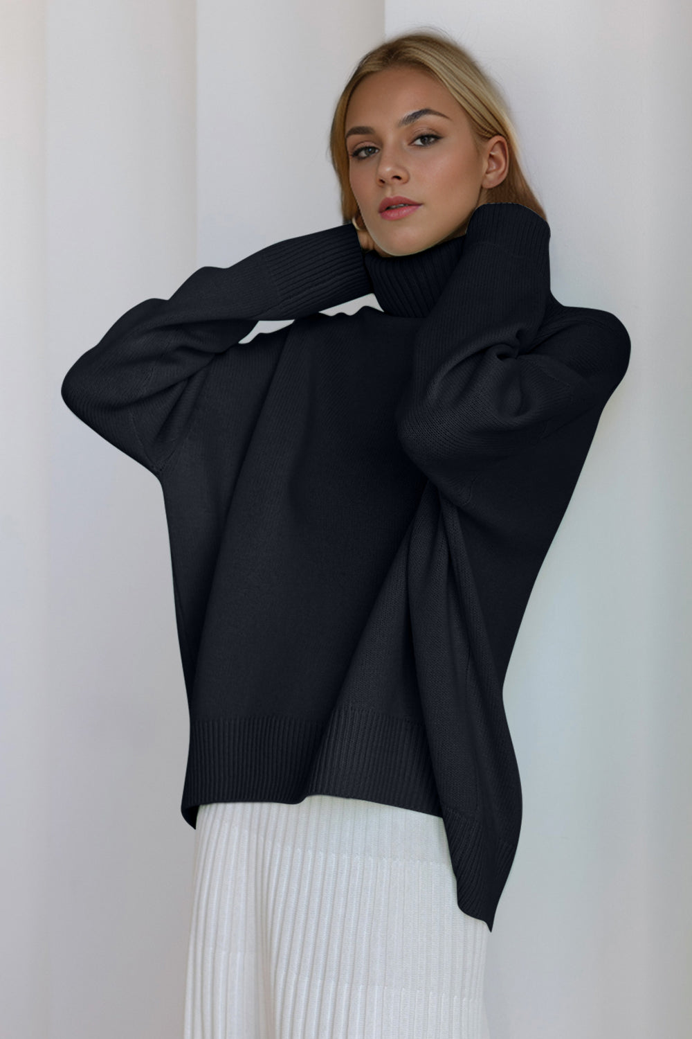 One Size Turtleneck Dropped Shoulder Long Sleeve Sweater