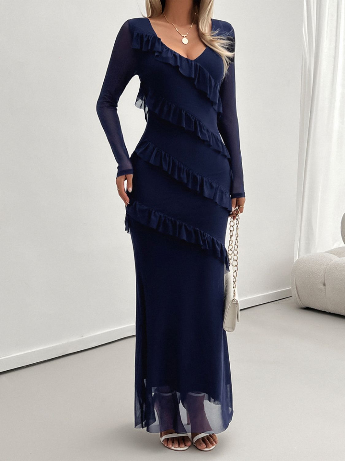 Delightful Ruffled Surplice Long Sleeve Maxi Dress