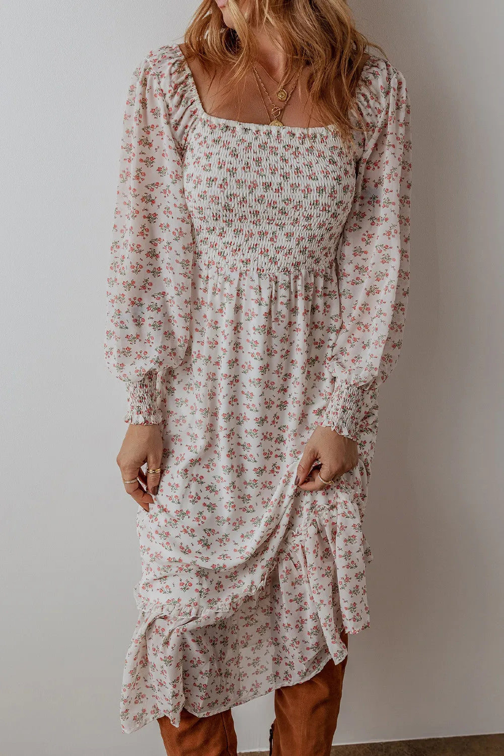 Autumn Vibes Floral Square Neck Long Sleeve Midi Dress