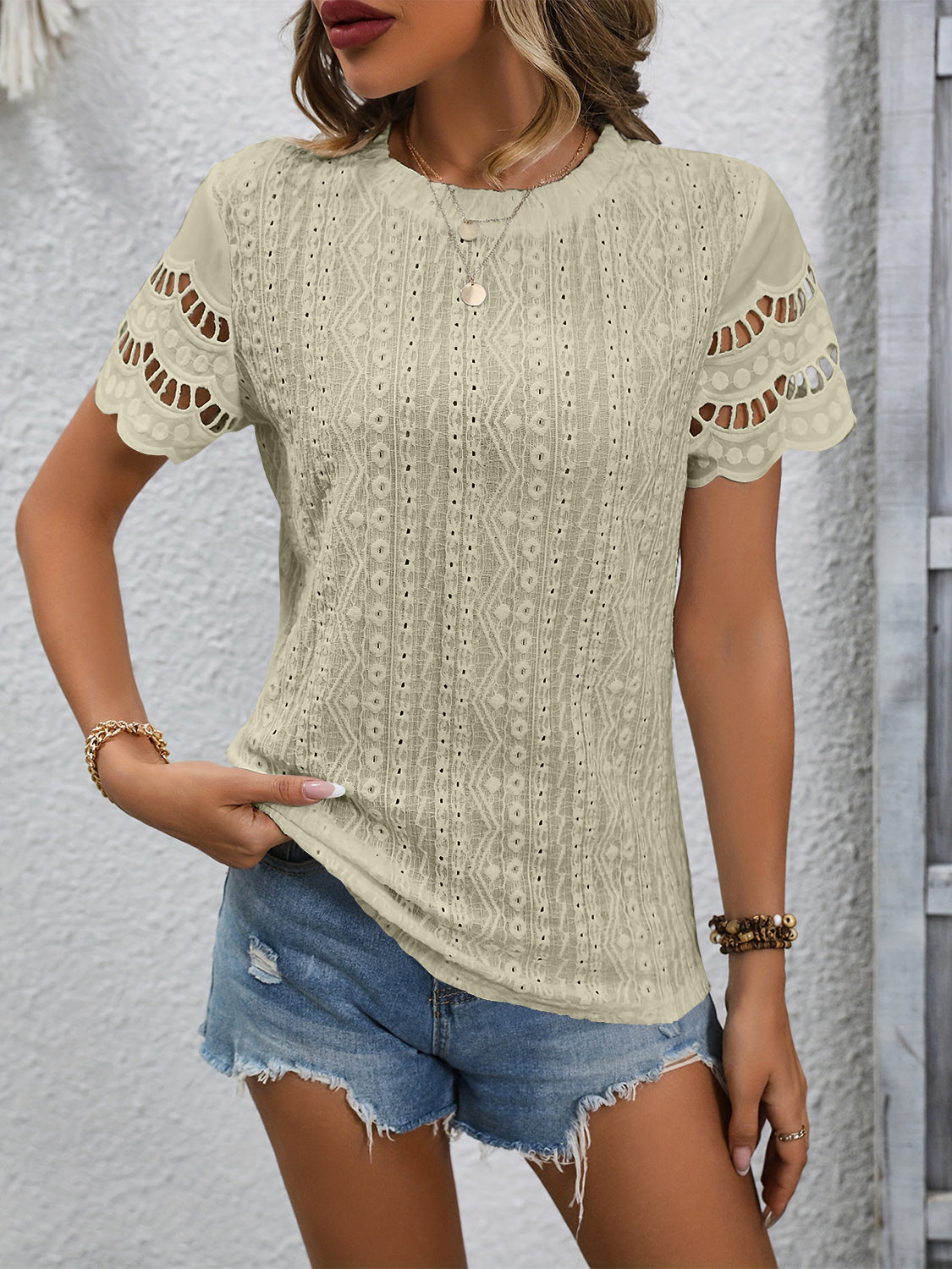 Regular & Plus Size Eyelet Short Sleeve Top