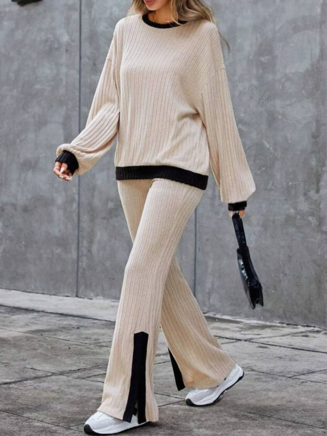 Contrast Long Sleeve Top & Bootcut Pants Set