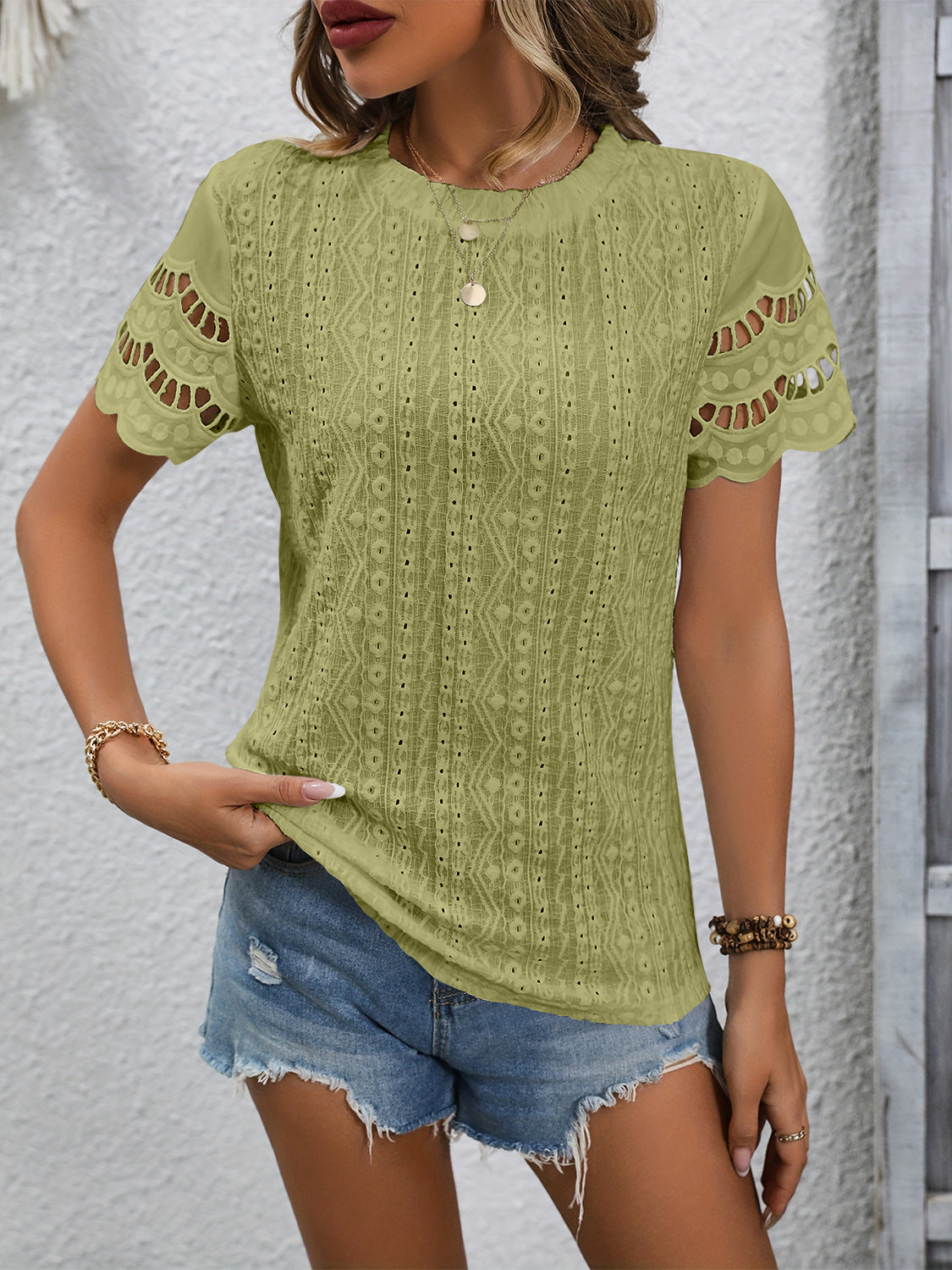 Regular & Plus Size Eyelet Short Sleeve Top