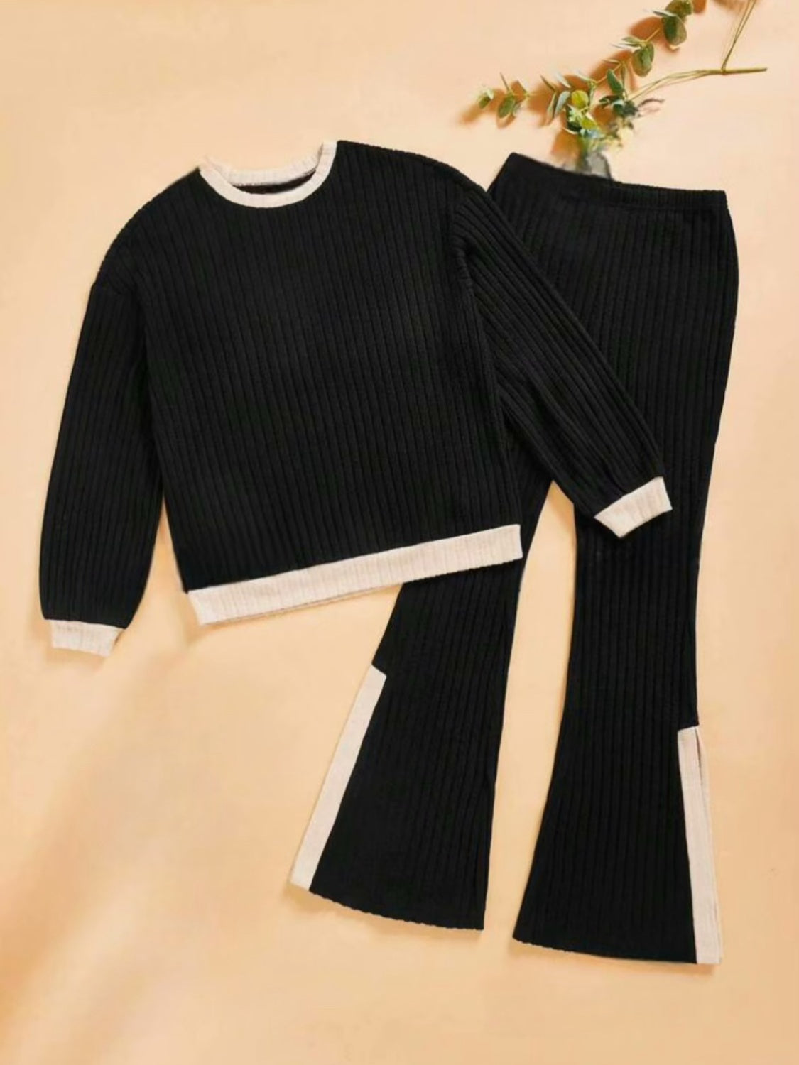 Contrast Long Sleeve Top & Bootcut Pants Set