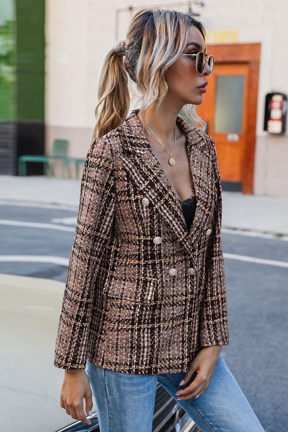 Regular & Plus Size Plaid Buttoned Blazer